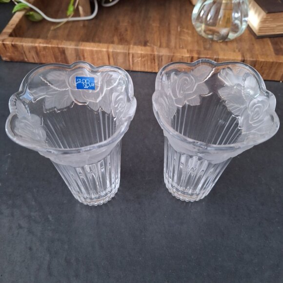 Studio Nova Japan Etched Crystal Pair Floral Vase Set Of 2 Matching Vintage - Picture 9 of 13